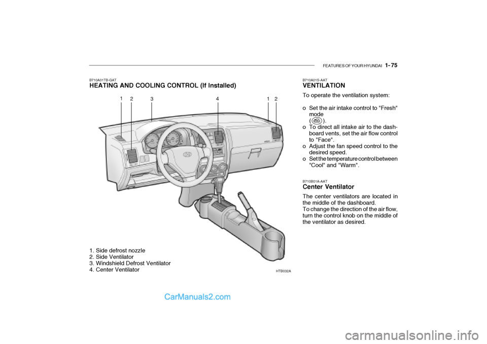 Hyundai Getz 2002  Owners Manual FEATURES OF YOUR HYUNDAI   1- 75
B710A01TB-GAT 
HEATING AND COOLING CONTROL (If Installed)
HTB032A
1. Side defrost nozzle 
2. Side Ventilator 
3. Windshield Defrost Ventilator 
4. Center Ventilator B7