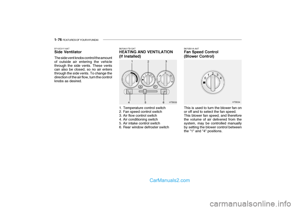 Hyundai Getz 2002  Owners Manual 1- 76  FEATURES OF YOUR HYUNDAI
HTB033
1
2 3
4 HTB034
B670A01TB-GAT HEATING AND VENTILATION 
(If Installed) 
1. Temperature control switch 
2. Fan speed control switch 
3. Air flow control switch
4. A