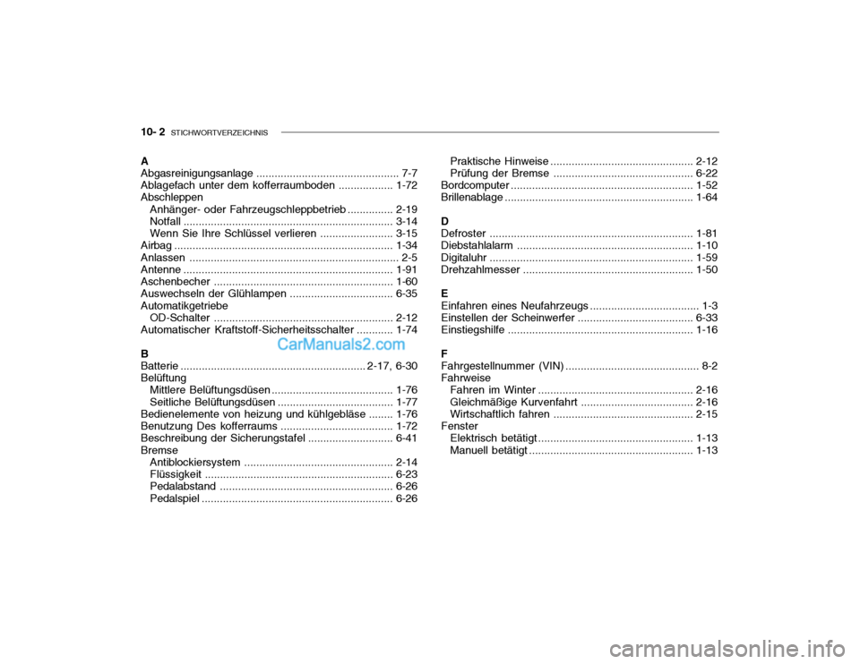 Hyundai Getz 2002 Betriebsanleitung (in German) 10- 2 STICHWORTVERZEICHNIS
A Abgasreinigungsanlage ............................................... 7-7
Ablagefach unter dem kofferraumboden .................. 1-72
Abschleppen
Anhänger- oder Fahrze Hyundai Getz 2002 Betriebsanleitung (in German) 10- 2 STICHWORTVERZEICHNIS
A Abgasreinigungsanlage ............................................... 7-7
Ablagefach unter dem kofferraumboden .................. 1-72
Abschleppen
Anhänger- oder Fahrze