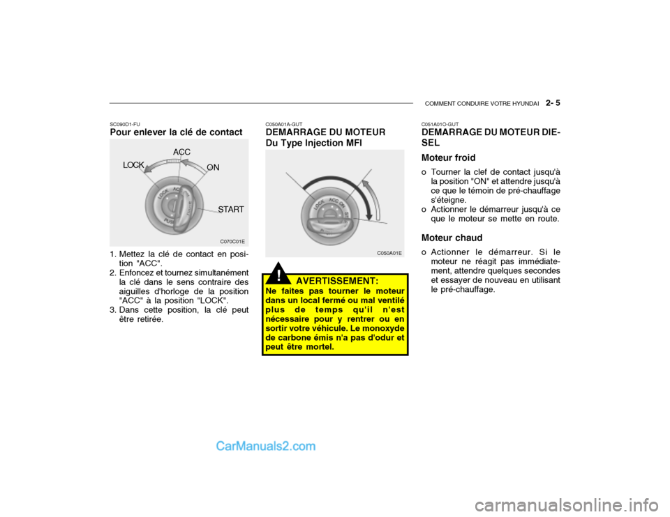 Hyundai Getz 2002 Manuel du propriétaire (in French) COMMENT CONDUIRE VOTRE HYUNDAI 2- 5
C070C01E
LOCK
ACC
ON
START
1. Mettez la clé de contact en posi- tion "ACC".
2. Enfoncez et tournez simultanément
la clé dans le sens contraire des aiguilles d Hyundai Getz 2002 Manuel du propriétaire (in French) COMMENT CONDUIRE VOTRE HYUNDAI 2- 5
C070C01E
LOCK
ACC
ON
START
1. Mettez la clé de contact en posi- tion "ACC".
2. Enfoncez et tournez simultanément
la clé dans le sens contraire des aiguilles d