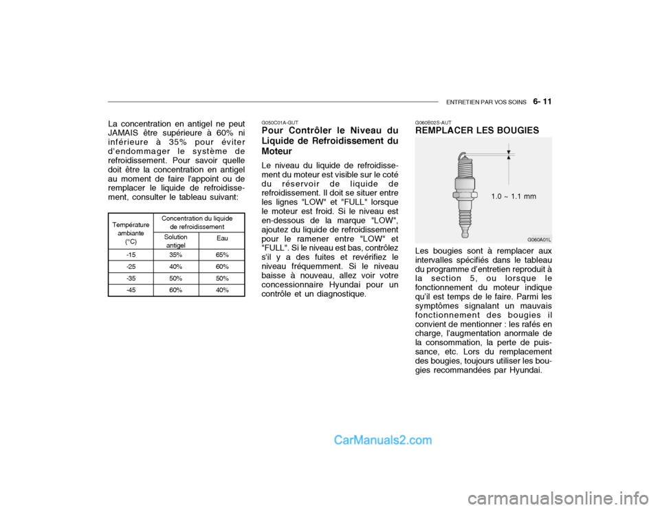 Hyundai Getz 2002 Manuel du propriétaire (in French) ENTRETIEN PAR VOS SOINS 6- 11
G050C01A-GUT Pour Contrôler le Niveau du
Liquide de Refroidissement du Moteur
Le niveau du liquide de refroidisse-
ment du moteur est visible sur le coté du réservoi Hyundai Getz 2002 Manuel du propriétaire (in French) ENTRETIEN PAR VOS SOINS 6- 11
G050C01A-GUT Pour Contrôler le Niveau du
Liquide de Refroidissement du Moteur
Le niveau du liquide de refroidisse-
ment du moteur est visible sur le coté du réservoi
