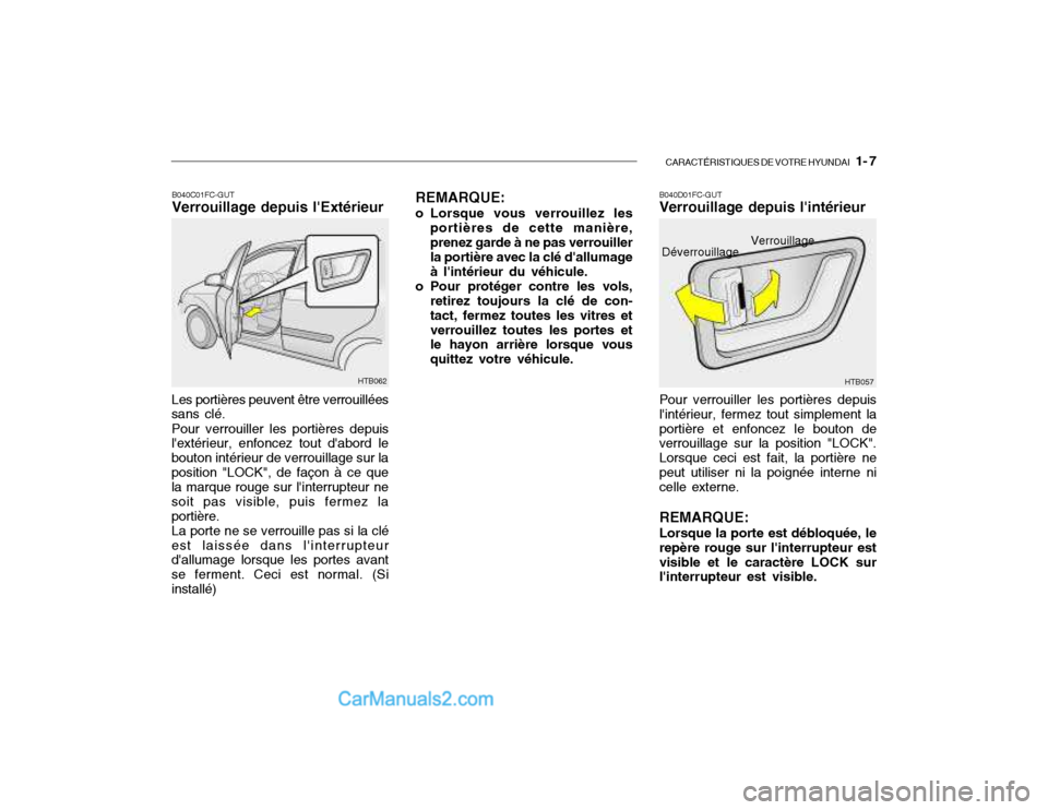 Hyundai Getz 2002 Manuel du propriétaire (in French) CARACTÉRISTIQUES DE VOTRE HYUNDAI 1- 7
B040C01FC-GUT Verrouillage depuis lExtérieur
Les portières peuvent être verrouillées
sans clé.
Pour verrouiller les portières depuis
lextérieur, enfo Hyundai Getz 2002 Manuel du propriétaire (in French) CARACTÉRISTIQUES DE VOTRE HYUNDAI 1- 7
B040C01FC-GUT Verrouillage depuis lExtérieur
Les portières peuvent être verrouillées
sans clé.
Pour verrouiller les portières depuis
lextérieur, enfo