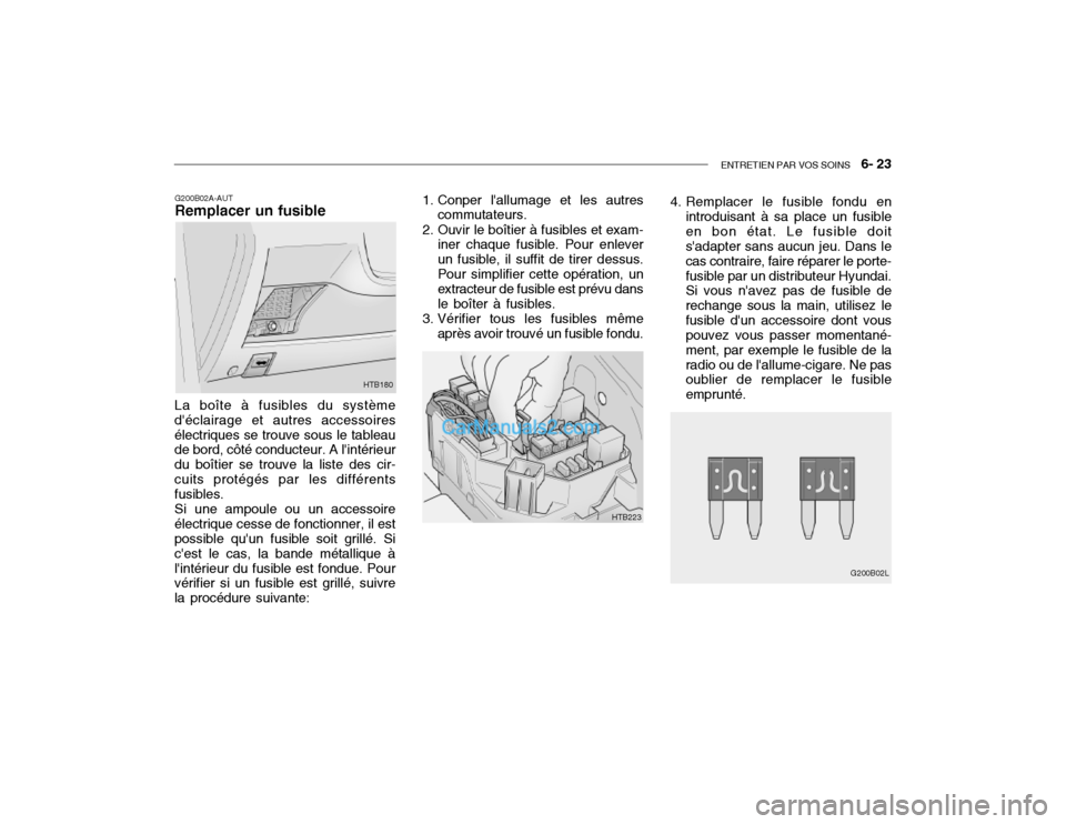 Hyundai Getz 2002 Manuel du propriétaire (in French) ENTRETIEN PAR VOS SOINS 6- 23
G200B02A-AUT Remplacer un fusible 1. Conper lallumage et les autres
commutateurs.
2. Ouvir le boîtier à fusibles et exam- iner chaque fusible. Pour enlever un fusibl Hyundai Getz 2002 Manuel du propriétaire (in French) ENTRETIEN PAR VOS SOINS 6- 23
G200B02A-AUT Remplacer un fusible 1. Conper lallumage et les autres
commutateurs.
2. Ouvir le boîtier à fusibles et exam- iner chaque fusible. Pour enlever un fusibl