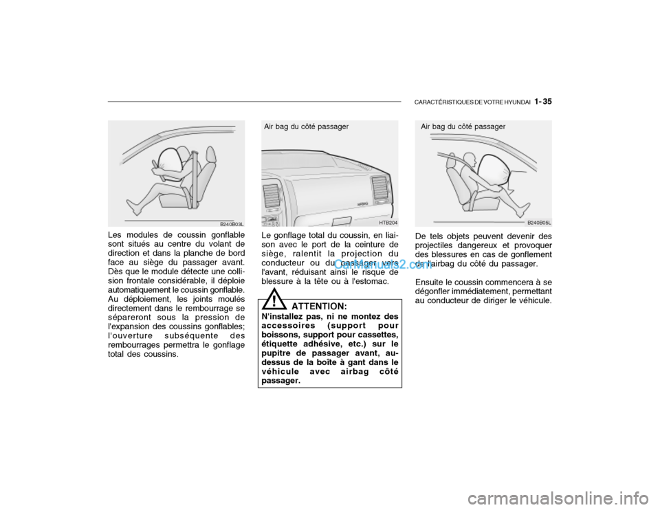 Hyundai Getz 2002 Manuel du propriétaire (in French) CARACTÉRISTIQUES DE VOTRE HYUNDAI 1- 35
Le gonflage total du coussin, en liai-
son avec le port de la ceinture de siège, ralentit la projection du conducteur ou du passager vers lavant, réduisan Hyundai Getz 2002 Manuel du propriétaire (in French) CARACTÉRISTIQUES DE VOTRE HYUNDAI 1- 35
Le gonflage total du coussin, en liai-
son avec le port de la ceinture de siège, ralentit la projection du conducteur ou du passager vers lavant, réduisan
