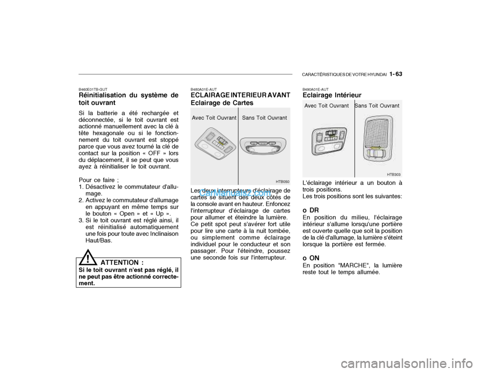 Hyundai Getz 2002 Manuel du propriétaire (in French) CARACTÉRISTIQUES DE VOTRE HYUNDAI 1- 63
B460E01TB-GUT Réinitialisation du système de toit ouvrant Si la batterie a été rechargée et déconnectée, si le toit ouvrant est actionné manuellement Hyundai Getz 2002 Manuel du propriétaire (in French) CARACTÉRISTIQUES DE VOTRE HYUNDAI 1- 63
B460E01TB-GUT Réinitialisation du système de toit ouvrant Si la batterie a été rechargée et déconnectée, si le toit ouvrant est actionné manuellement