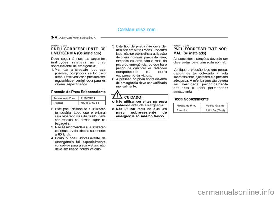 Hyundai Getz 2002 Manual do proprietário (in Portuguese) 3- 6 QUE FAZER NUMA EMERGÊNCIA
D040A01TB-GPT PNEU SOBRESSELENTE DE EMERGÊNCIA (Se instalado) Deve seguir à risca as seguintes instruções relativas ao pneusobresselente de emergência:
1. Verific Hyundai Getz 2002 Manual do proprietário (in Portuguese) 3- 6 QUE FAZER NUMA EMERGÊNCIA
D040A01TB-GPT PNEU SOBRESSELENTE DE EMERGÊNCIA (Se instalado) Deve seguir à risca as seguintes instruções relativas ao pneusobresselente de emergência:
1. Verific