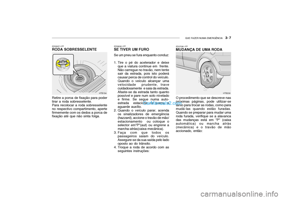 Hyundai Getz 2002 Manual do proprietário (in Portuguese) QUE FAZER NUMA EMERGÊNCIA 3- 7
HTB230HTB154 SD070A1-FP
MUDANÇA DE UMA RODA
SD050C1-FP
RODA SOBRESSELENTE
Retire a porca de fixação para poder tirar a roda sobresselente.Para recolocar a roda sob Hyundai Getz 2002 Manual do proprietário (in Portuguese) QUE FAZER NUMA EMERGÊNCIA 3- 7
HTB230HTB154 SD070A1-FP
MUDANÇA DE UMA RODA
SD050C1-FP
RODA SOBRESSELENTE
Retire a porca de fixação para poder tirar a roda sobresselente.Para recolocar a roda sob
