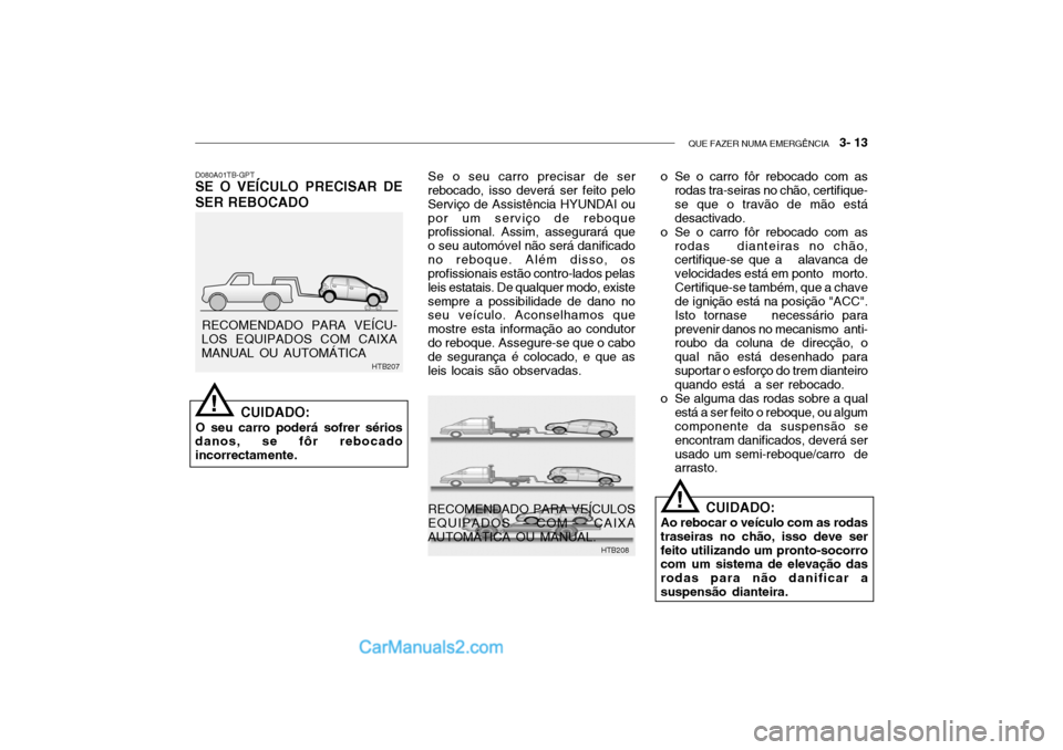 Hyundai Getz 2002 Manual do proprietário (in Portuguese) QUE FAZER NUMA EMERGÊNCIA 3- 13
D080A01TB-GPT
SE O VEÍCULO PRECISAR DE SER REBOCADO
CUIDADO:
O seu carro poderá sofrer sérios
danos, se fôr rebocado incorrectamente.
RECOMENDADO PARA VEÍCU-
LO Hyundai Getz 2002 Manual do proprietário (in Portuguese) QUE FAZER NUMA EMERGÊNCIA 3- 13
D080A01TB-GPT
SE O VEÍCULO PRECISAR DE SER REBOCADO
CUIDADO:
O seu carro poderá sofrer sérios
danos, se fôr rebocado incorrectamente.
RECOMENDADO PARA VEÍCU-
LO