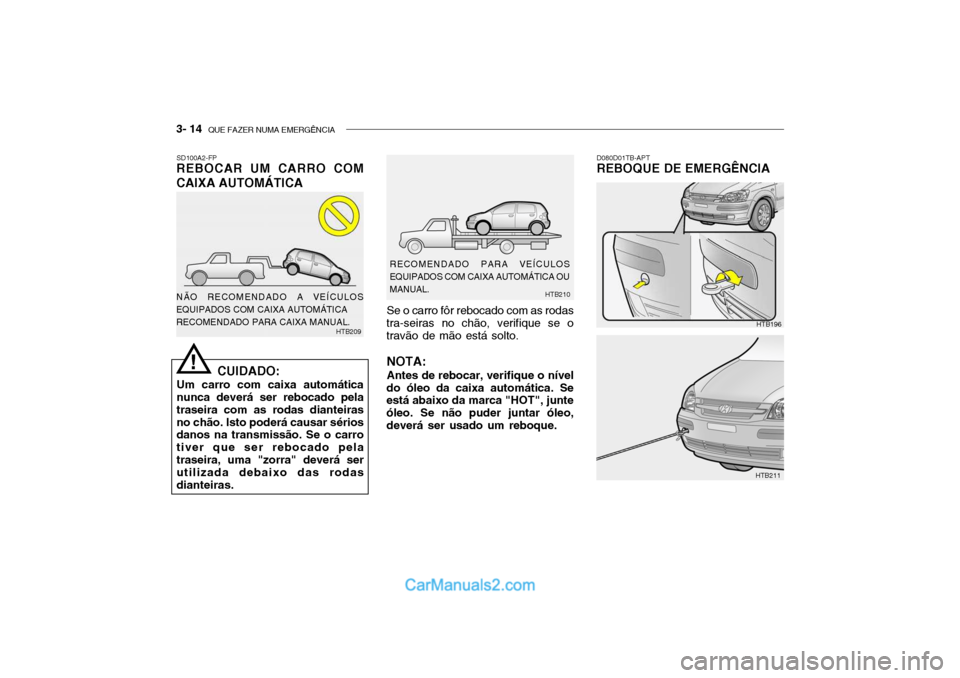 Hyundai Getz 2002  Manual do proprietário (in Portuguese) 3- 14  QUE FAZER NUMA EMERGÊNCIA
SD100A2-FP
REBOCAR UM CARRO COM CAIXA AUTOMÁTICA
CUIDADO:
Um carro com caixa automática nunca deverá ser rebocado pela traseira com as rodas dianteirasno chão. Is