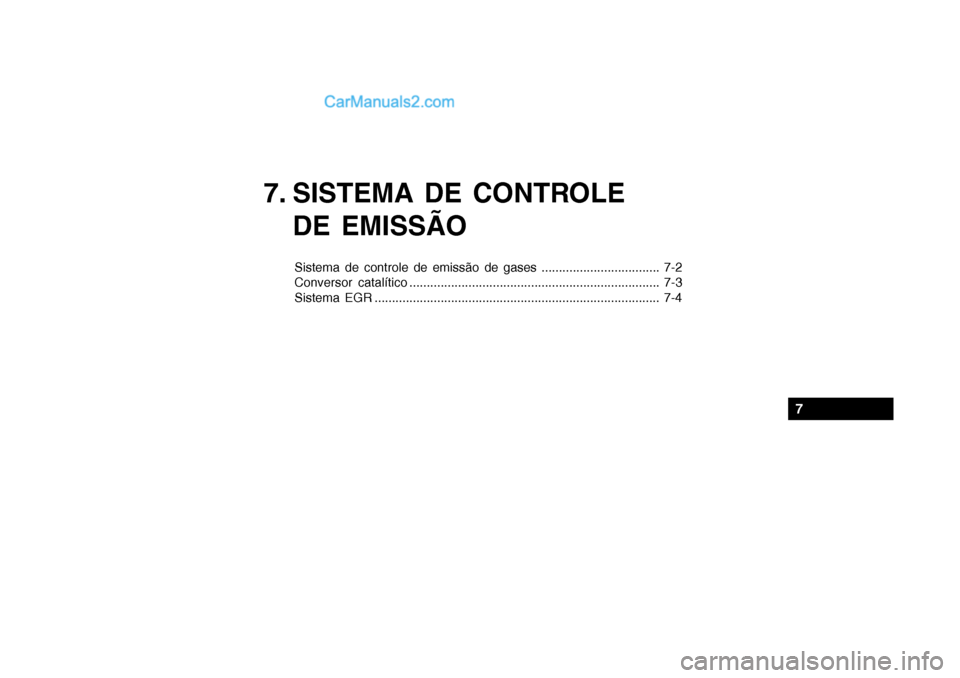 Hyundai Getz 2002  Manual do proprietário (in Portuguese) 7. SISTEMA DE CONTROLEDE EMISSÃO
Sistema de controle de emissão de gases .................................. 7-2 
Conversor catalítico ...............................................................