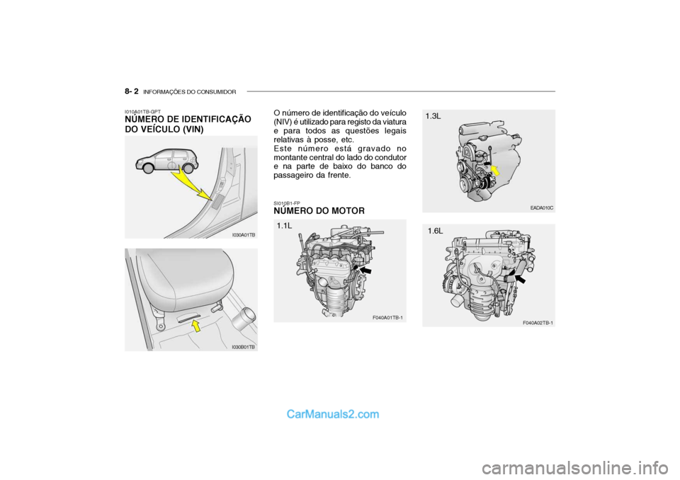 Hyundai Getz 2002  Manual do proprietário (in Portuguese) 8- 2  INFORMAÇÕES DO CONSUMIDOR
I010A01TB-GPT NÚMERO DE IDENTIFICAÇÃO DO VEÍCULO (VIN) O número de identificação do veículo (NIV) é utilizado para registo da viatura e para todos as questõ