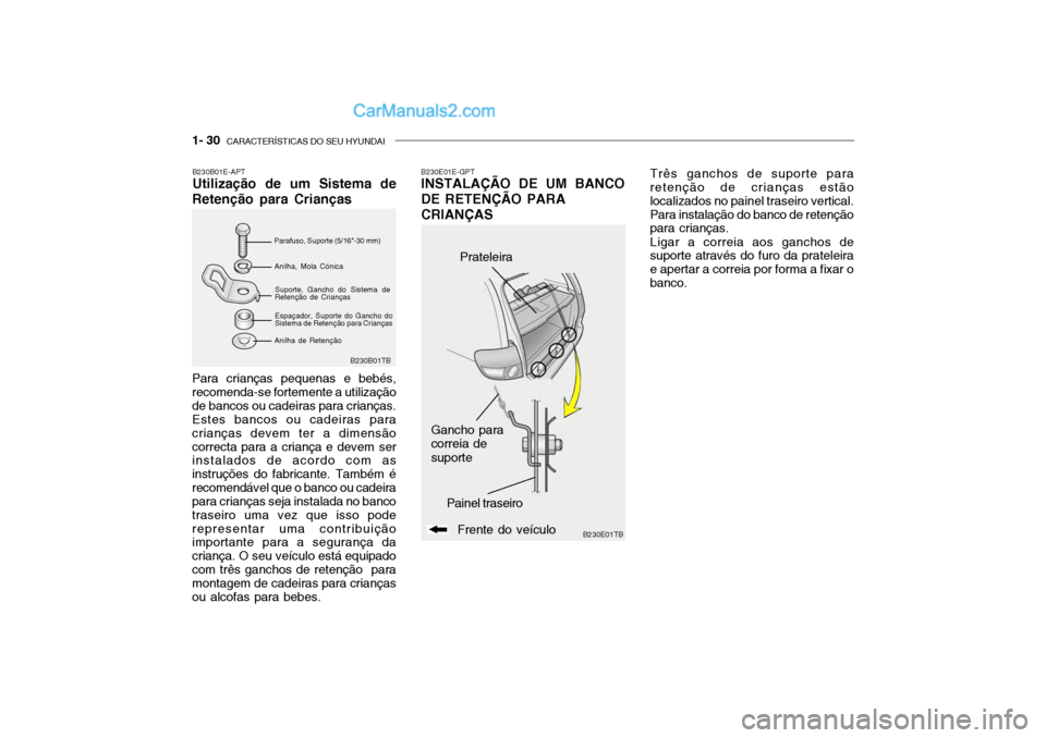 Hyundai Getz 2002 Manual do proprietário (in Portuguese) 1- 30 CARACTERÍSTICAS DO SEU HYUNDAI
B230B01TB
B230E01TB
B230E01E-GPT INSTALAÇÃO DE UM BANCO
DE RETENÇÃO PARA
CRIANÇAS
Prateleira
Painel traseiro Três ganchos de suporte para
retenção de cri Hyundai Getz 2002 Manual do proprietário (in Portuguese) 1- 30 CARACTERÍSTICAS DO SEU HYUNDAI
B230B01TB
B230E01TB
B230E01E-GPT INSTALAÇÃO DE UM BANCO
DE RETENÇÃO PARA
CRIANÇAS
Prateleira
Painel traseiro Três ganchos de suporte para
retenção de cri