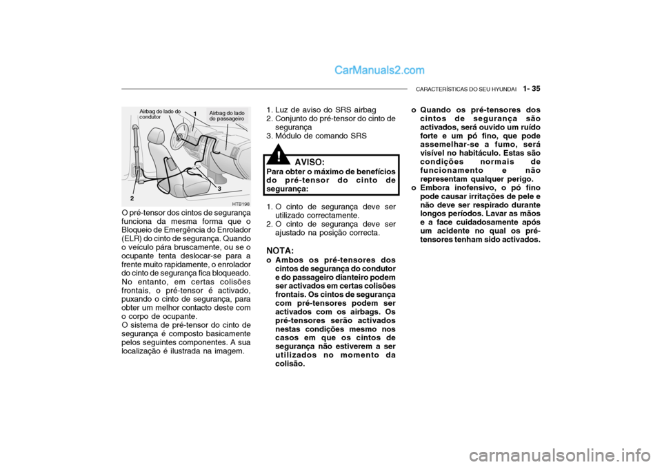 Hyundai Getz 2002 Manual do proprietário (in Portuguese) CARACTERÍSTICAS DO SEU HYUNDAI 1- 35
O pré-tensor dos cintos de segurança
funciona da mesma forma que o Bloqueio de Emergência do Enrolador (ELR) do cinto de segurança. Quando o veículo pára Hyundai Getz 2002 Manual do proprietário (in Portuguese) CARACTERÍSTICAS DO SEU HYUNDAI 1- 35
O pré-tensor dos cintos de segurança
funciona da mesma forma que o Bloqueio de Emergência do Enrolador (ELR) do cinto de segurança. Quando o veículo pára