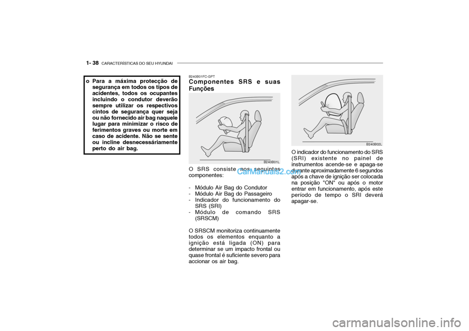 Hyundai Getz 2002 Manual do proprietário (in Portuguese) 1- 38 CARACTERÍSTICAS DO SEU HYUNDAI
B240B01FC-GPT Componentes SRS e suas Funções O SRS consiste nos seguintes componentes:
- Módulo Air Bag do Condutor
- Módulo Air Bag do Passageiro
- Indicad Hyundai Getz 2002 Manual do proprietário (in Portuguese) 1- 38 CARACTERÍSTICAS DO SEU HYUNDAI
B240B01FC-GPT Componentes SRS e suas Funções O SRS consiste nos seguintes componentes:
- Módulo Air Bag do Condutor
- Módulo Air Bag do Passageiro
- Indicad