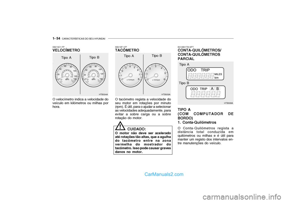 Hyundai Getz 2002  Manual do proprietário (in Portuguese) 1- 54  CARACTERÍSTICAS DO SEU HYUNDAI
O velocímetro indica a velocidade do
veículo em kilómetros ou milhas por hora. SB215F1-FPTACÓMETRO
SB215C1-FPVELOCÍMETRO
O tacómetro regista a velocidade d