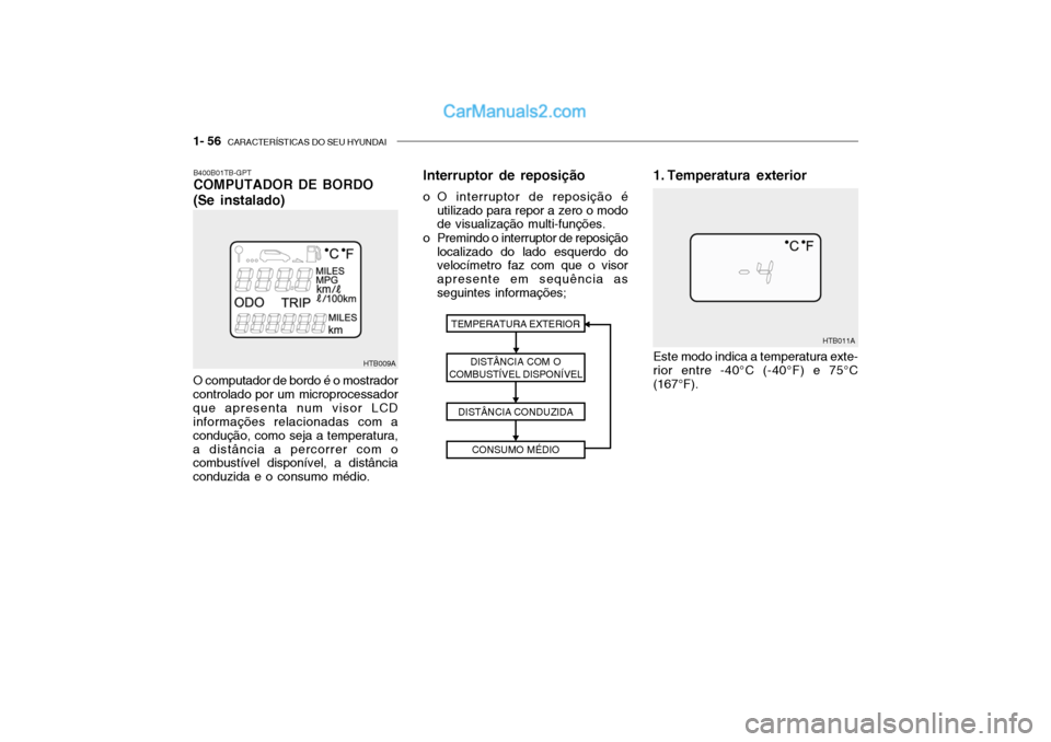 Hyundai Getz 2002  Manual do proprietário (in Portuguese) 1- 56  CARACTERÍSTICAS DO SEU HYUNDAI
HTB009A
O computador de bordo é o mostrador controlado por um microprocessadorque apresenta num visor LCD informações relacionadas com a condução, como seja