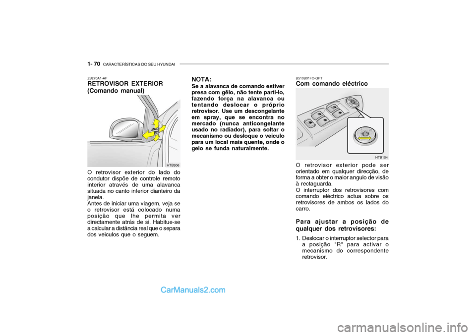Hyundai Getz 2002 Manual do proprietário (in Portuguese) 1- 70 CARACTERÍSTICAS DO SEU HYUNDAI
HTB306
ZB270A1-AP RETROVISOR EXTERIOR (Comando manual) O retrovisor exterior do lado do condutor dispõe de controle remotointerior através de uma alavanca situ Hyundai Getz 2002 Manual do proprietário (in Portuguese) 1- 70 CARACTERÍSTICAS DO SEU HYUNDAI
HTB306
ZB270A1-AP RETROVISOR EXTERIOR (Comando manual) O retrovisor exterior do lado do condutor dispõe de controle remotointerior através de uma alavanca situ