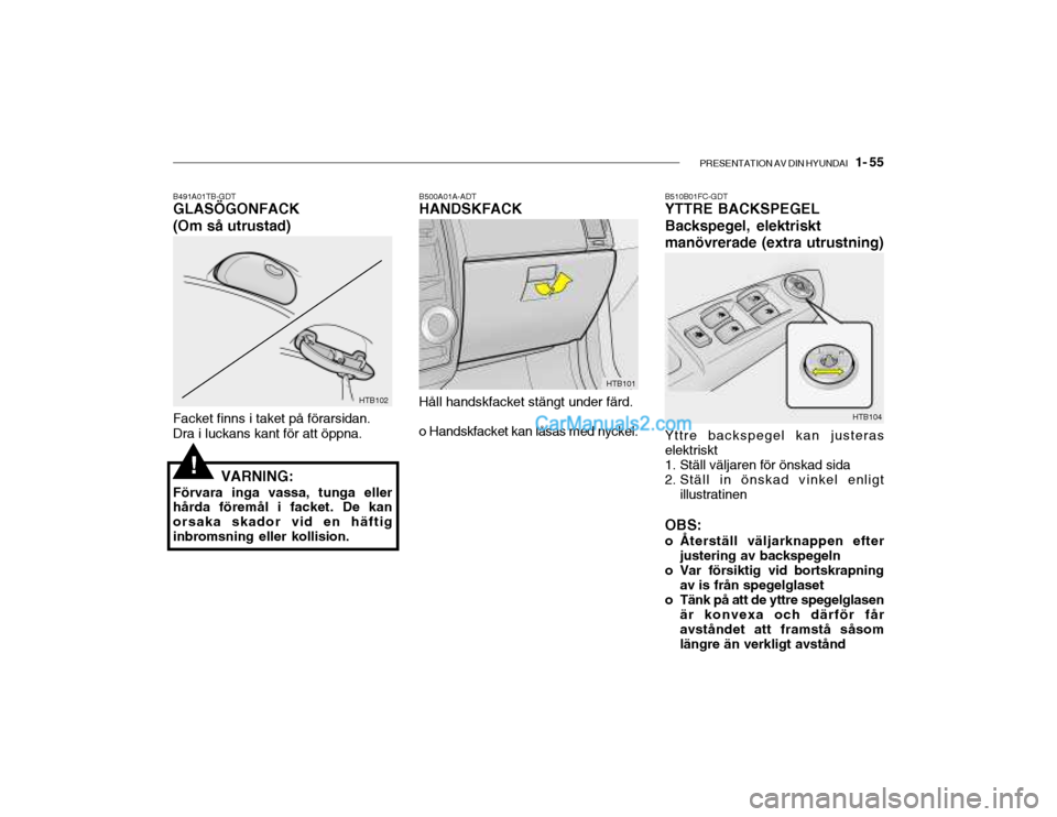 Hyundai Getz 2002  Ägarmanual (in Swedish) PRESENTATION AV DIN HYUNDAI   1- 55
B491A01TB-GDT GLASÖGONFACK (Om så utrustad) B500A01A-ADT HANDSKFACK
B510B01FC-GDTYTTRE BACKSPEGEL Backspegel, elektrisktmanövrerade (extra utrustning)
HTB102
Fac