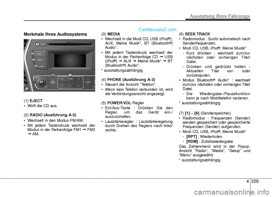 Hyundai Grand Santa Fe 2017 Betriebsanleitung (in German) Ausstattung Ihres Fahrzeugs
4229
Merkmale Ihres Audiosystems
(1) EJECT
Wirft die CD aus.
(2) RADIO (Ausführung A-3)
Wechselt in den Modus FM/AM.
Mit jedem Tastendruck wechselt der Modus in der Re Hyundai Grand Santa Fe 2017 Betriebsanleitung (in German) Ausstattung Ihres Fahrzeugs
4229
Merkmale Ihres Audiosystems
(1) EJECT
Wirft die CD aus.
(2) RADIO (Ausführung A-3)
Wechselt in den Modus FM/AM.
Mit jedem Tastendruck wechselt der Modus in der Re