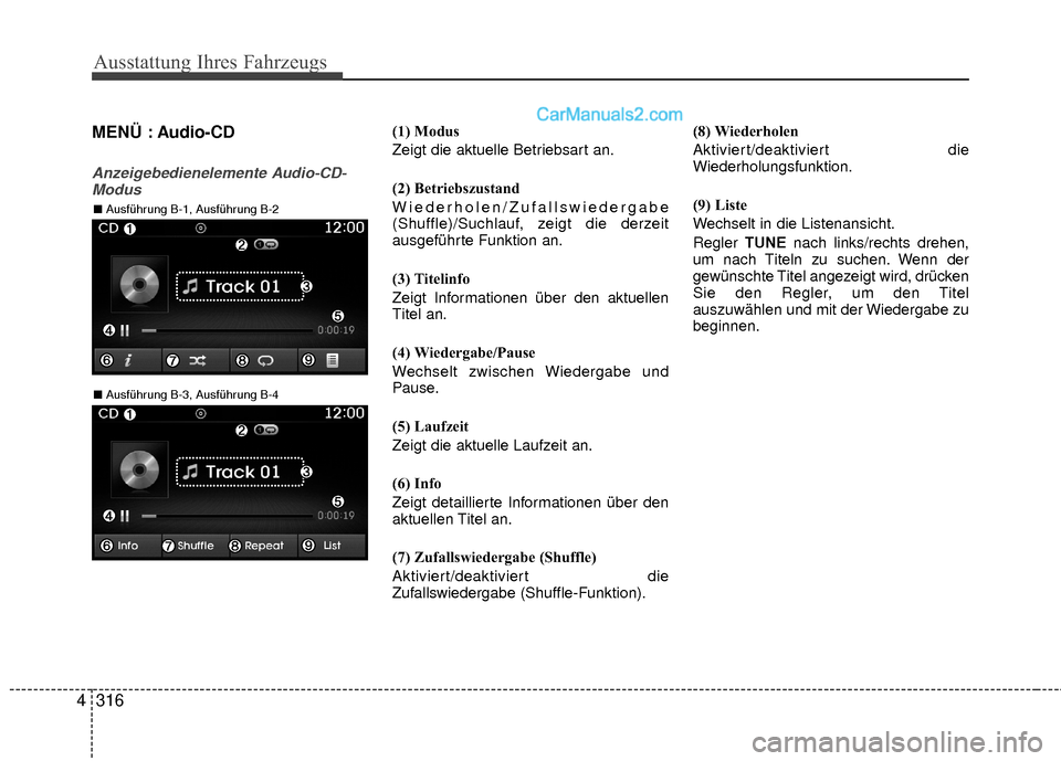 Hyundai Grand Santa Fe 2017  Betriebsanleitung (in German) Ausstattung Ihres Fahrzeugs
316
4 MENÜ : Audio-CD
Anzeigebedienelemente Audio-CD-
Modus
(1) Modus
Zeigt die aktuelle Betriebsart an.
(2) Betriebszustand
Wiederholen/Zufallswiedergabe
(Shuffle)/Suchla