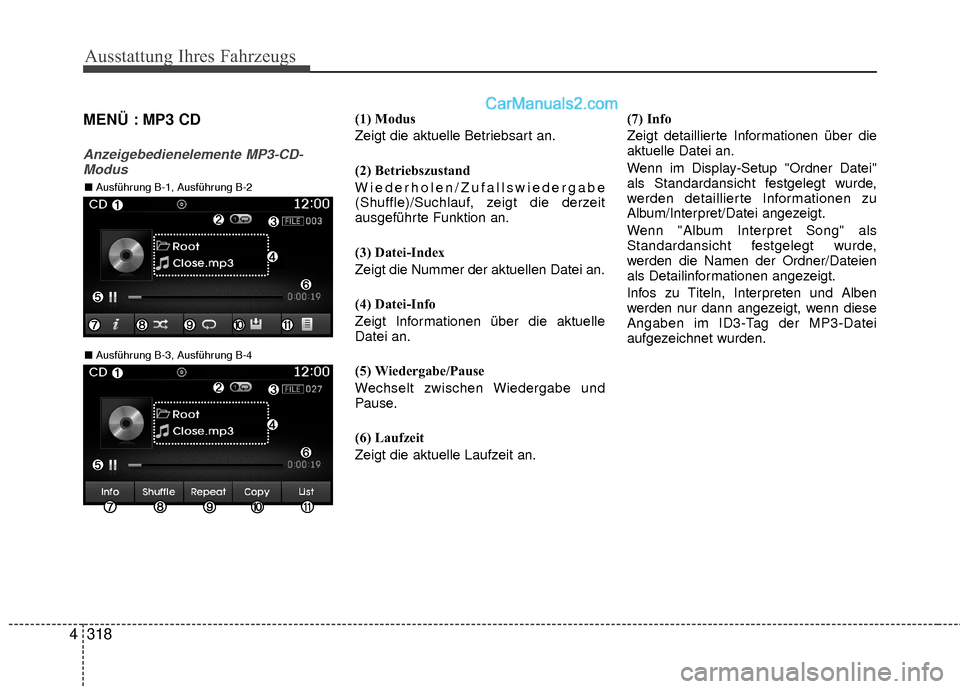 Hyundai Grand Santa Fe 2017 Betriebsanleitung (in German) Ausstattung Ihres Fahrzeugs
318
4 MENÜ : MP3 CD
Anzeigebedienelemente MP3-CD-
Modus
(1) Modus
Zeigt die aktuelle Betriebsart an.
(2) Betriebszustand
Wiederholen/Zufallswiedergabe
(Shuffle)/Suchlauf, Hyundai Grand Santa Fe 2017 Betriebsanleitung (in German) Ausstattung Ihres Fahrzeugs
318
4 MENÜ : MP3 CD
Anzeigebedienelemente MP3-CD-
Modus
(1) Modus
Zeigt die aktuelle Betriebsart an.
(2) Betriebszustand
Wiederholen/Zufallswiedergabe
(Shuffle)/Suchlauf,