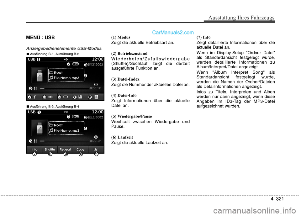 Hyundai Grand Santa Fe 2017 Betriebsanleitung (in German) Ausstattung Ihres Fahrzeugs
4321
MENÜ : USB
Anzeigebedienelemente USB-Modus
(1) Modus
Zeigt die aktuelle Betriebsart an.
(2) Betriebszustand
Wiederholen/Zufallswiedergabe
(Shuffle)/Suchlauf, zeigt di Hyundai Grand Santa Fe 2017 Betriebsanleitung (in German) Ausstattung Ihres Fahrzeugs
4321
MENÜ : USB
Anzeigebedienelemente USB-Modus
(1) Modus
Zeigt die aktuelle Betriebsart an.
(2) Betriebszustand
Wiederholen/Zufallswiedergabe
(Shuffle)/Suchlauf, zeigt di