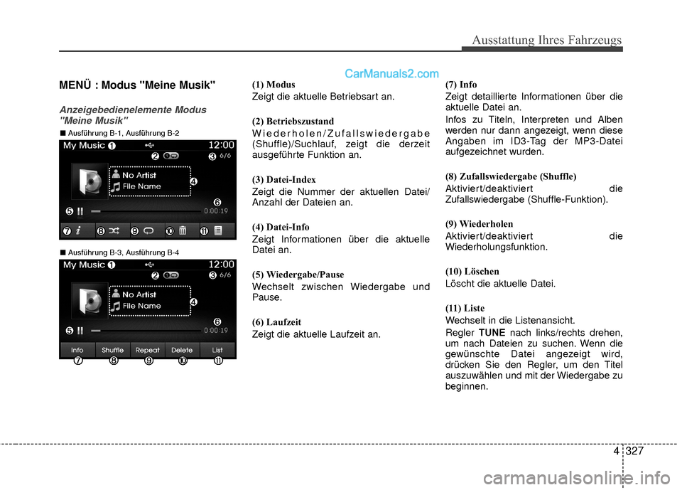 Hyundai Grand Santa Fe 2017 Betriebsanleitung (in German) Ausstattung Ihres Fahrzeugs
4327
MENÜ : Modus "Meine Musik"
Anzeigebedienelemente Modus"Meine Musik"
(1) Modus
Zeigt die aktuelle Betriebsart an.
(2) Betriebszustand
Wiederholen/Zufallswiedergabe
(Sh Hyundai Grand Santa Fe 2017 Betriebsanleitung (in German) Ausstattung Ihres Fahrzeugs
4327
MENÜ : Modus "Meine Musik"
Anzeigebedienelemente Modus"Meine Musik"
(1) Modus
Zeigt die aktuelle Betriebsart an.
(2) Betriebszustand
Wiederholen/Zufallswiedergabe
(Sh