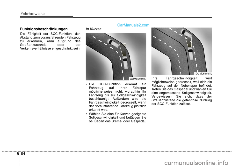 Hyundai Grand Santa Fe 2017  Betriebsanleitung (in German) Fahrhinweise
94
5
Funktionsbeschränkungen
Die Fähigkeit der SCC-Funktion, den
Abstand zum vorausfahrenden Fahrzeug
zu erkennen, kann aufgrund des
Straßenzustands oder der
Verkehrsverhältnisse eing
