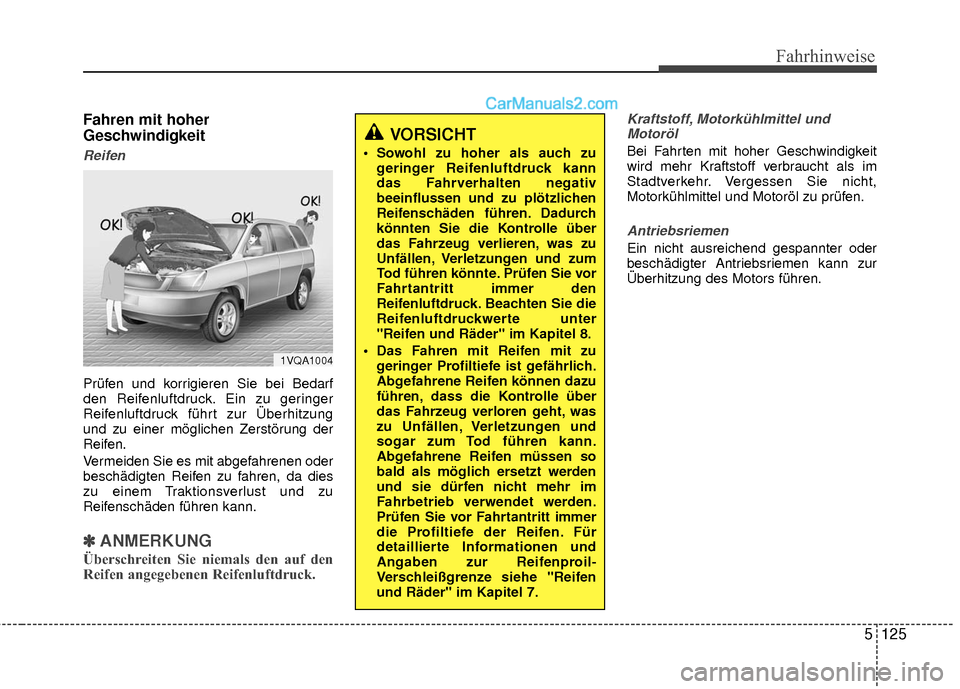 Hyundai Grand Santa Fe 2017 Betriebsanleitung (in German) 5125
Fahrhinweise
Fahren mit hoher
Geschwindigkeit
Reifen
Prüfen und korrigieren Sie bei Bedarf
den Reifenluftdruck. Ein zu geringer
Reifenluftdruck führt zur Überhitzung
und zu einer möglichen Ze Hyundai Grand Santa Fe 2017 Betriebsanleitung (in German) 5125
Fahrhinweise
Fahren mit hoher
Geschwindigkeit
Reifen
Prüfen und korrigieren Sie bei Bedarf
den Reifenluftdruck. Ein zu geringer
Reifenluftdruck führt zur Überhitzung
und zu einer möglichen Ze