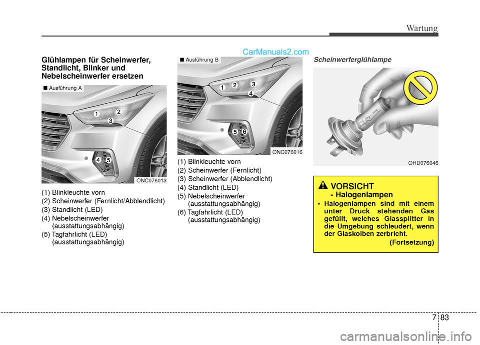 Hyundai Grand Santa Fe 2017  Betriebsanleitung (in German) 783
Wartung
Glühlampen für Scheinwerfer,
Standlicht, Blinker und
Nebelscheinwerfer ersetzen
(1) Blinkleuchte vorn
(2) Scheinwerfer (Fernlicht/Abblendlicht)
(3) Standlicht (LED)
(4) Nebelscheinwerfer
