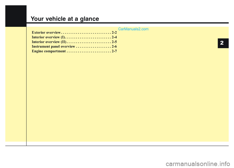 Hyundai Grand Santa Fe 2016  Owners Manual Your vehicle at a glance
Exterior overview . . . . . . . . . . . . . . . . . . . . . . . . . . . 2-2
Interior overview (I). . . . . . . . . . . . . . . . . . . . . . . . . 2-4
Interior overview (II) .