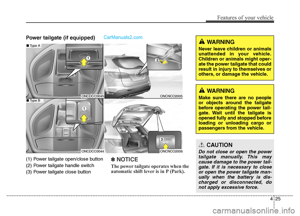 Hyundai Grand Santa Fe 2016  Owners Manual 425
Features of your vehicle
Power tailgate (if equipped)
(1) Power tailgate open/close button
(2) Power tailgate handle switch 
(3) Power tailgate close button✽NOTICE
The power tailgate operates wh
