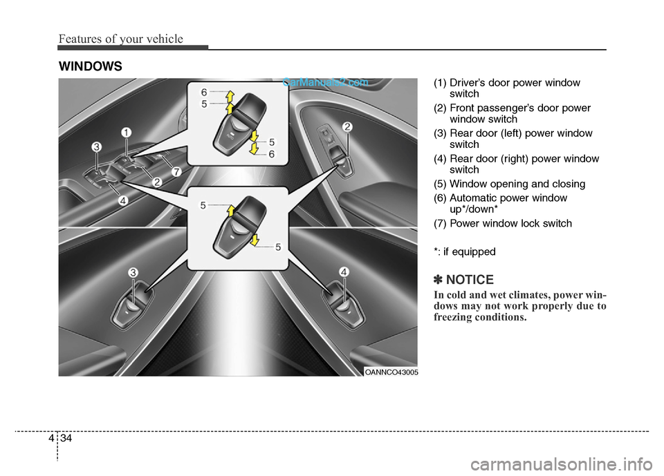 Hyundai Grand Santa Fe 2016  Owners Manual Features of your vehicle
34 4
(1) Driver’s door power window
switch
(2) Front passenger’s door power
window switch
(3) Rear door (left) power window
switch
(4) Rear door (right) power window
switc
