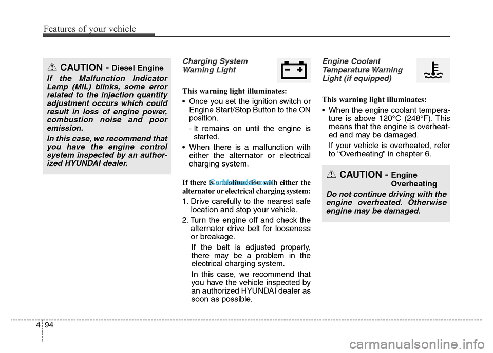 Hyundai Grand Santa Fe 2016 Owners Manual Features of your vehicle
94 4
Charging System
Warning Light
This warning light illuminates:
• Once you set the ignition switch or
Engine Start/Stop Button to the ON
position.
- It remains on until t Hyundai Grand Santa Fe 2016 Owners Manual Features of your vehicle
94 4
Charging System
Warning Light
This warning light illuminates:
• Once you set the ignition switch or
Engine Start/Stop Button to the ON
position.
- It remains on until t