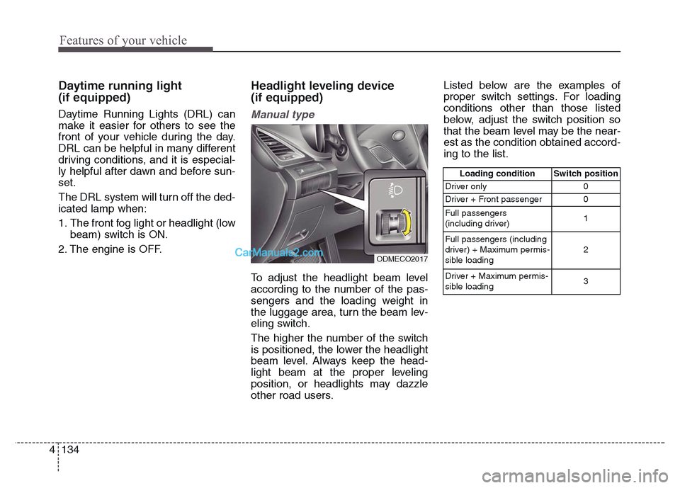 Hyundai Grand Santa Fe 2016 Owners Manual Features of your vehicle
134 4
Daytime running light
(if equipped)
Daytime Running Lights (DRL) can
make it easier for others to see the
front of your vehicle during the day.
DRL can be helpful in ma Hyundai Grand Santa Fe 2016 Owners Manual Features of your vehicle
134 4
Daytime running light
(if equipped)
Daytime Running Lights (DRL) can
make it easier for others to see the
front of your vehicle during the day.
DRL can be helpful in ma