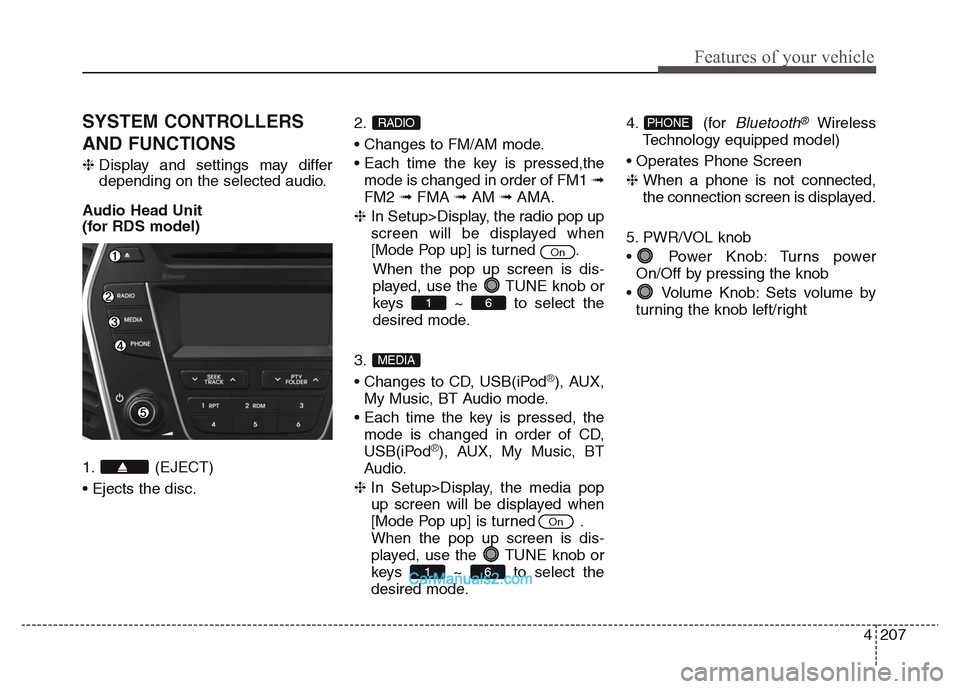 Hyundai Grand Santa Fe 2016  Owners Manual 4 207
Features of your vehicle
SYSTEM CONTROLLERS
AND FUNCTIONS
❈Display and settings may differ
depending on the selected audio.
Audio Head Unit
(for RDS model)
1. (EJECT)
• Ejects the disc.2. 

