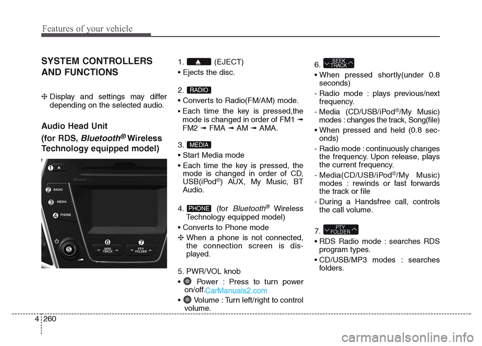 Hyundai Grand Santa Fe 2016  Owners Manual Features of your vehicle
260 4
SYSTEM CONTROLLERS
AND FUNCTIONS 
❈ Display and settings may differ
depending on the selected audio.
Audio Head Unit 
(for RDS, 
Bluetooth®Wireless
Technology equippe