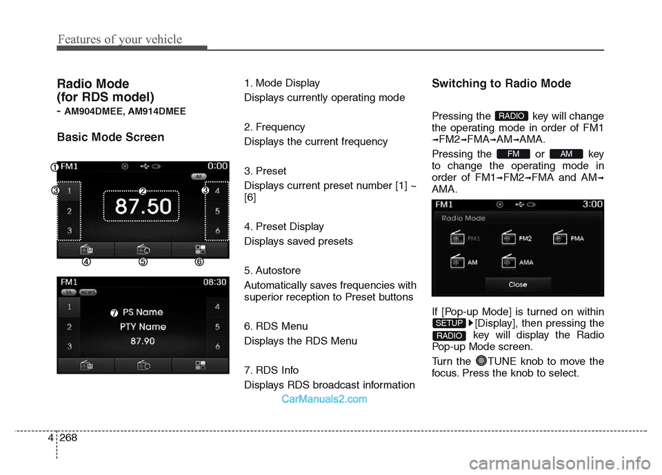 Hyundai Grand Santa Fe 2016  Owners Manual Features of your vehicle
268 4
Radio Mode 
(for RDS model)
- AM904DMEE, AM914DMEE
Basic Mode Screen
1. Mode Display
Displays currently operating mode
2. Frequency
Displays the current frequency
3. Pre