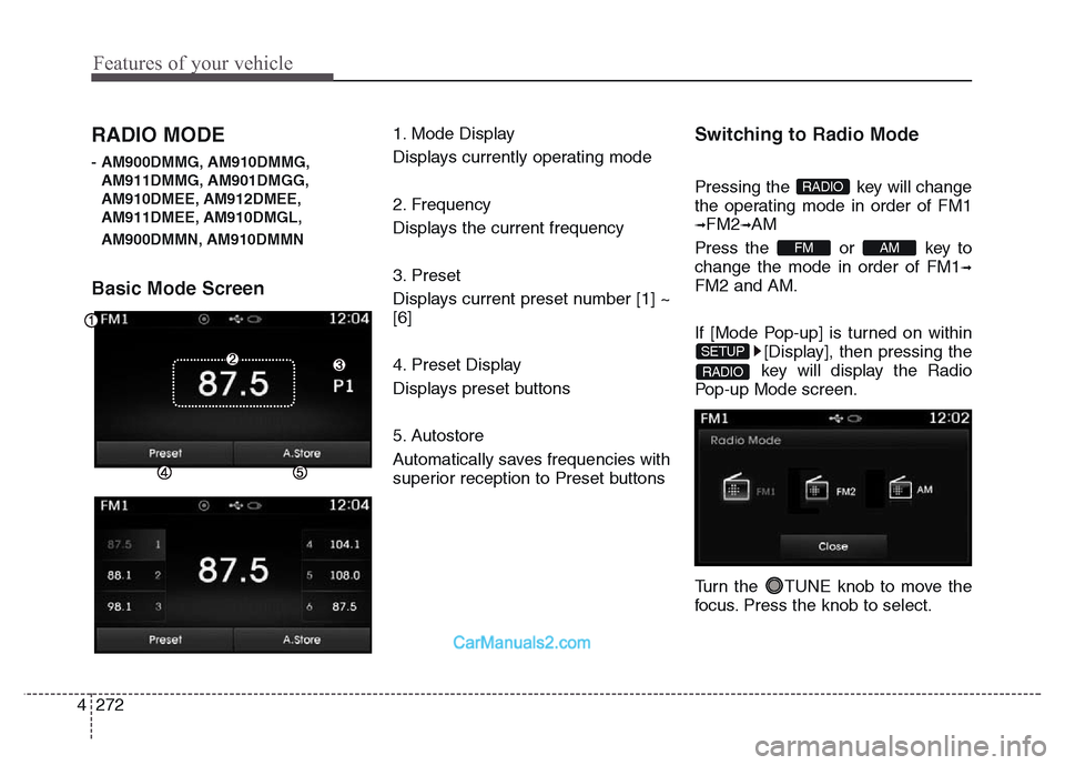Hyundai Grand Santa Fe 2016  Owners Manual Features of your vehicle
272 4
RADIO MODE
- AM900DMMG, AM910DMMG,
AM911DMMG, AM901DMGG,
AM910DMEE, AM912DMEE,
AM911DMEE, AM910DMGL,
AM900DMMN, AM910DMMN
Basic Mode Screen
1. Mode Display
Displays curr