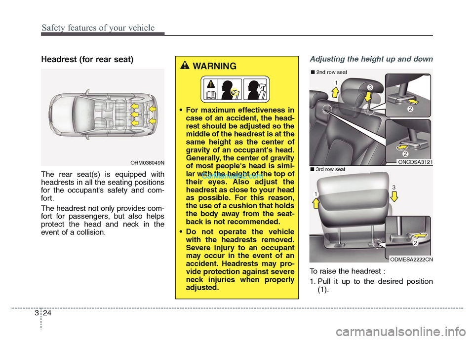 Hyundai Grand Santa Fe 2016  Owners Manual Safety features of your vehicle
24 3
Headrest (for rear seat)
The rear seat(s) is equipped with
headrests in all the seating positions
for the occupants safety and com-
for t.
The headrest not only p