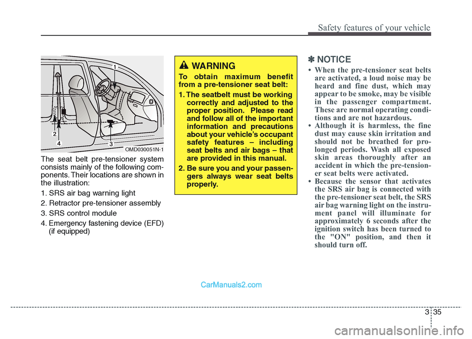 Hyundai Grand Santa Fe 2016  Owners Manual 335
Safety features of your vehicle
The seat belt pre-tensioner system
consists mainly of the following com-
ponents. Their locations are shown in
the illustration:
1. SRS air bag warning light
2. Ret
