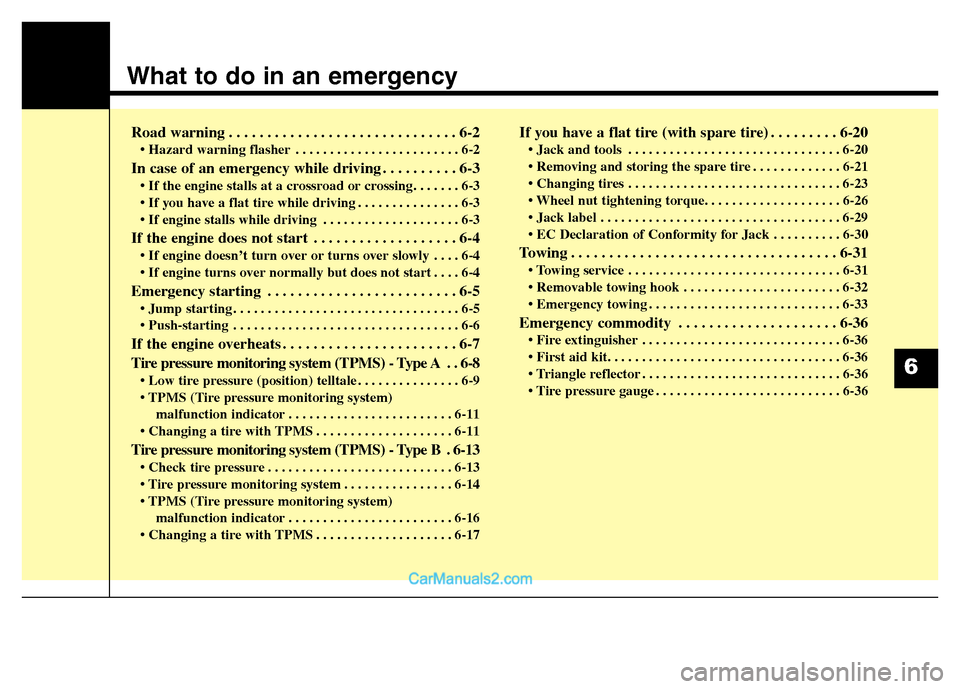 Hyundai Grand Santa Fe 2016  Owners Manual What to do in an emergency
Road warning . . . . . . . . . . . . . . . . . . . . . . . . . . . . . . 6-2
• Hazard warning flasher . . . . . . . . . . . . . . . . . . . . . . . . 6-2
In case of an eme