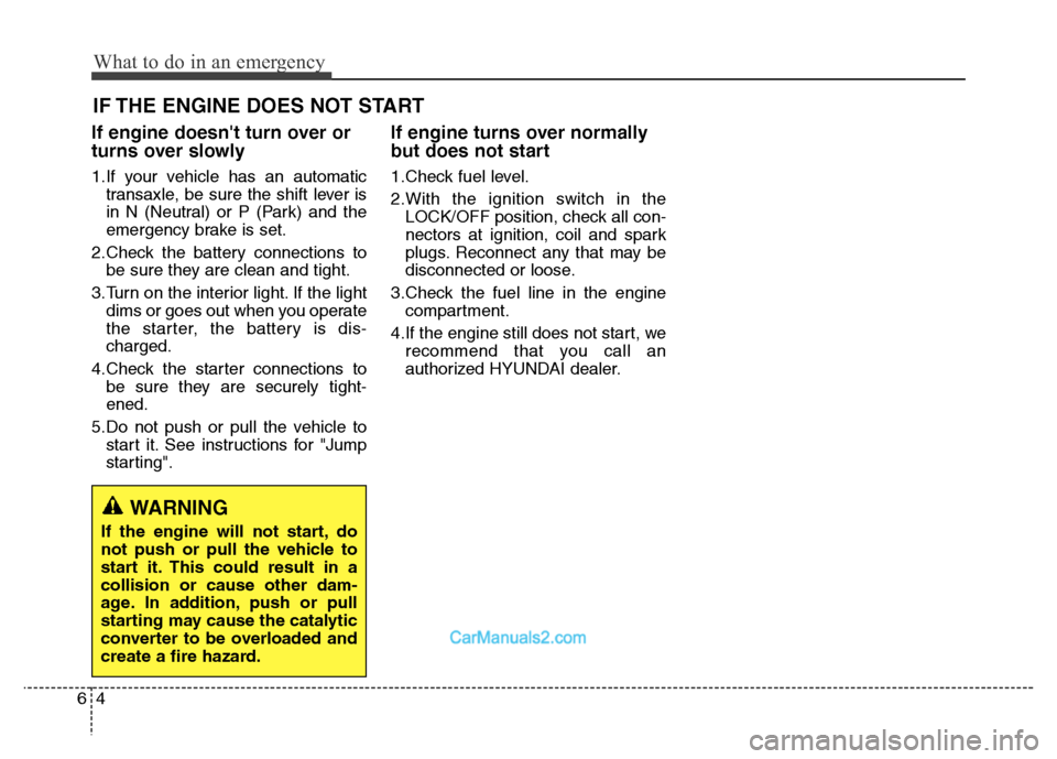 Hyundai Grand Santa Fe 2016  Owners Manual What to do in an emergency
4 6
IF THE ENGINE DOES NOT START
If engine doesnt turn over or
turns over slowly
1.If your vehicle has an automatic
transaxle, be sure the shift lever is
in N (Neutral) or 