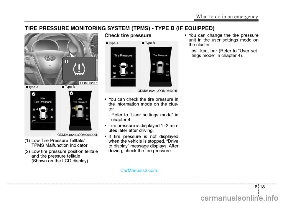 Hyundai Grand Santa Fe 2016  Owners Manual 613
What to do in an emergency
TIRE PRESSURE MONITORING SYSTEM (TPMS) - TYPE B (IF EQUIPPED)
(1) Low Tire Pressure Telltale/
TPMS Malfunction Indicator
(2) Low tire pressure position telltale
and tire
