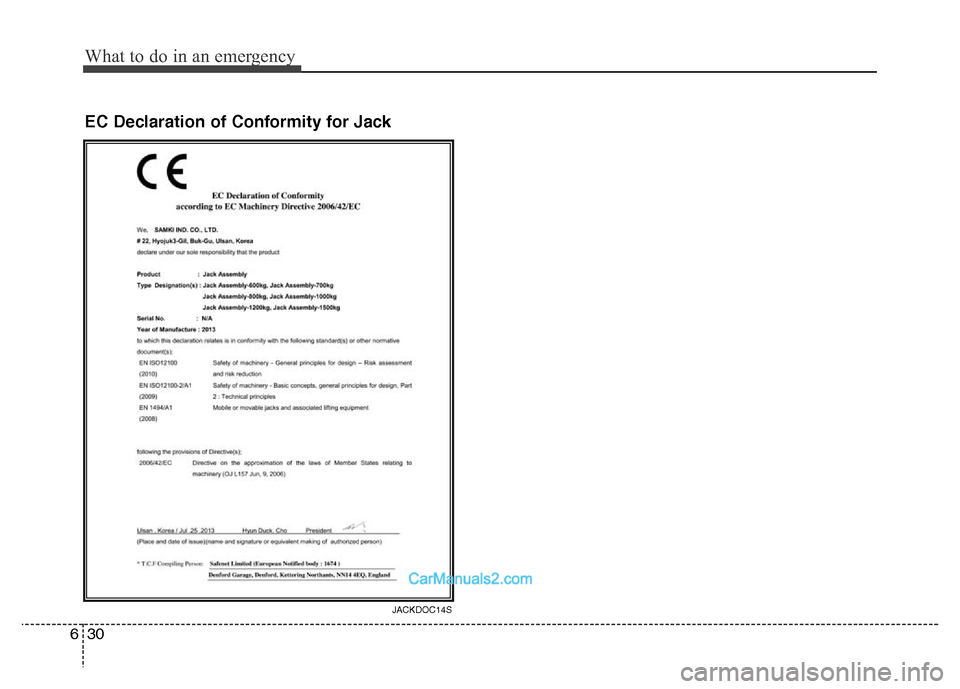 Hyundai Grand Santa Fe 2016  Owners Manual What to do in an emergency
30 6
EC Declaration of Conformity for Jack 
JACKDOC14S  