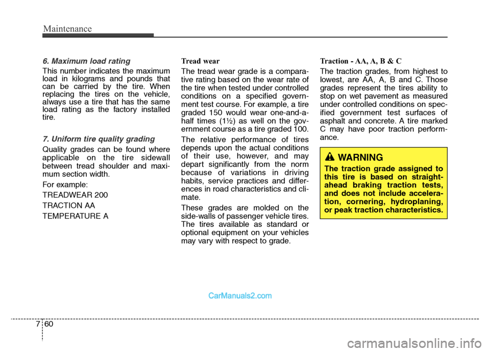 Hyundai Grand Santa Fe 2016 Owners Manual Maintenance
60 7
6. Maximum load rating
This number indicates the maximum
load in kilograms and pounds that
can be carried by the tire. When
replacing the tires on the vehicle,
always use a tire that Hyundai Grand Santa Fe 2016 Owners Manual Maintenance
60 7
6. Maximum load rating
This number indicates the maximum
load in kilograms and pounds that
can be carried by the tire. When
replacing the tires on the vehicle,
always use a tire that