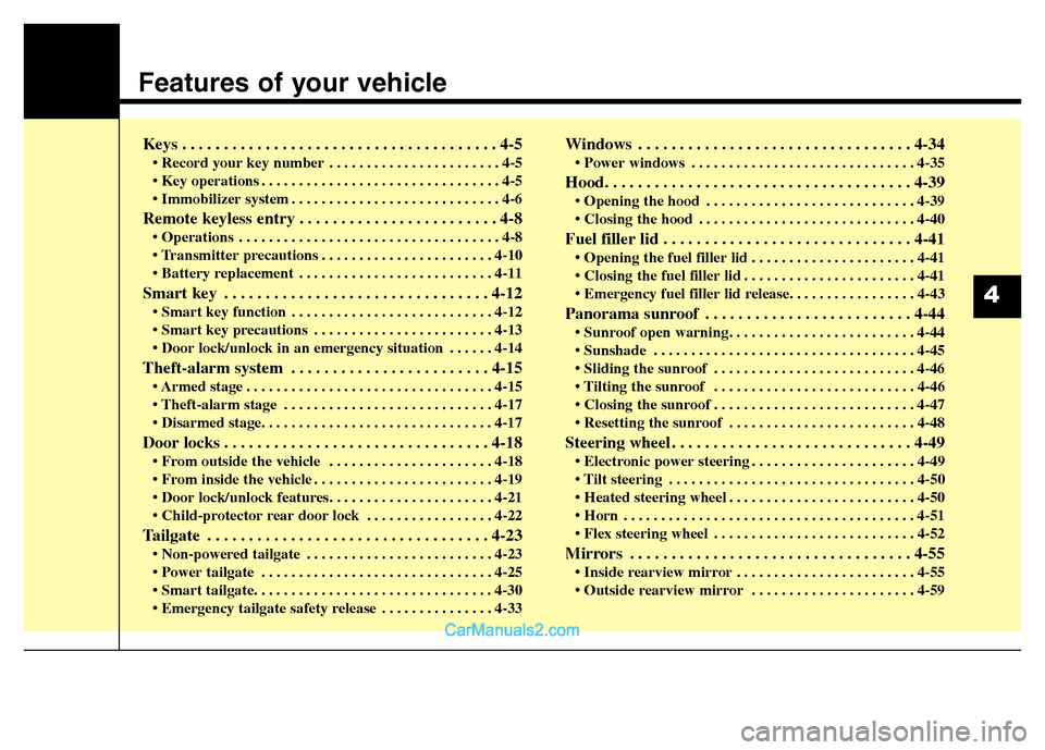 Hyundai Grand Santa Fe 2016  Owners Manual Features of your vehicle
Keys . . . . . . . . . . . . . . . . . . . . . . . . . . . . . . . . . . . . . . 4-5
• Record your key number . . . . . . . . . . . . . . . . . . . . . . . 4-5
• Key opera