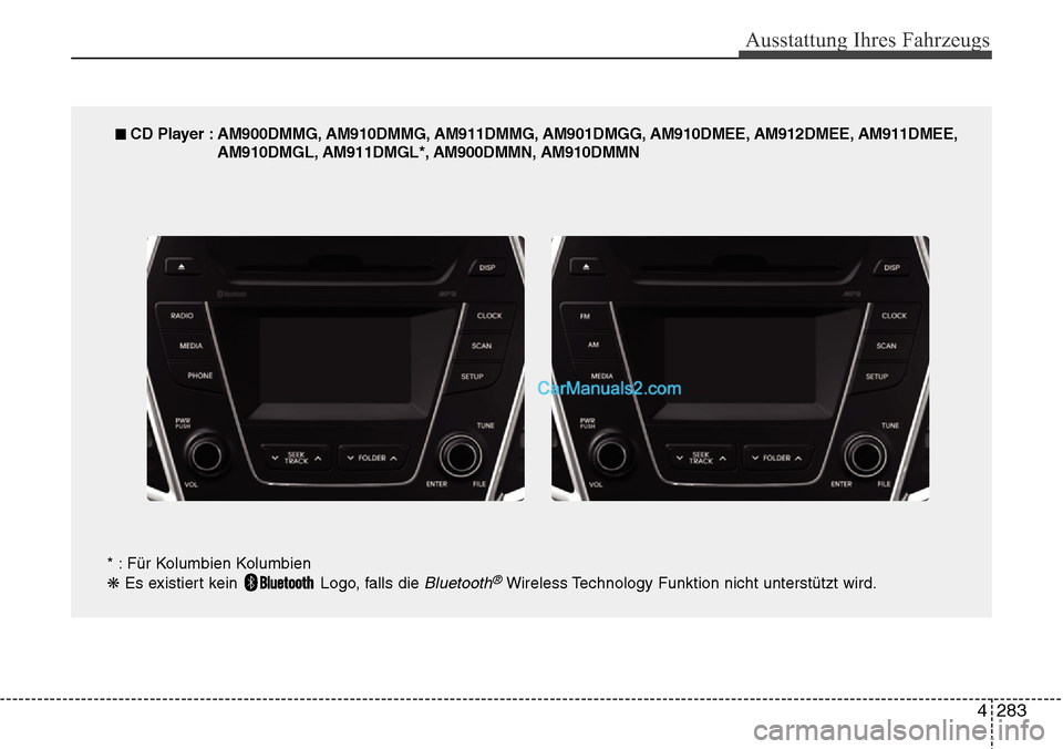 Hyundai Grand Santa Fe 2016  Betriebsanleitung (in German) 4 283
Ausstattung Ihres Fahrzeugs
■ CD Player : AM900DMMG, AM910DMMG, AM911DMMG, AM901DMGG, AM910DMEE, AM912DMEE, AM911DMEE,AM910DMGL, AM911DMGL*, AM900DMMN, AM910DMMN
* : Für Kolumbien Kolumbien
