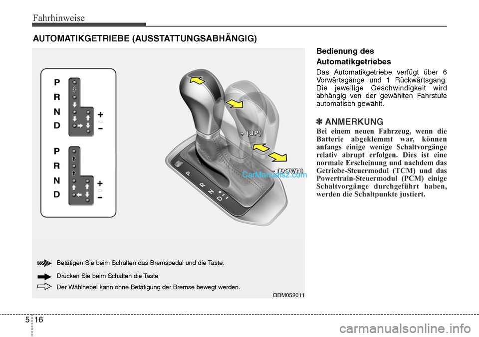 Hyundai Grand Santa Fe 2016  Betriebsanleitung (in German) Fahrhinweise
16
5
Bedienung des
Automatikgetriebes
Das Automatikgetriebe verfügt über 6
Vorwärtsgänge und 1 Rückwärtsgang.
Die jeweilige Geschwindigkeit wird
abhängig von der gewählten Fahrstu