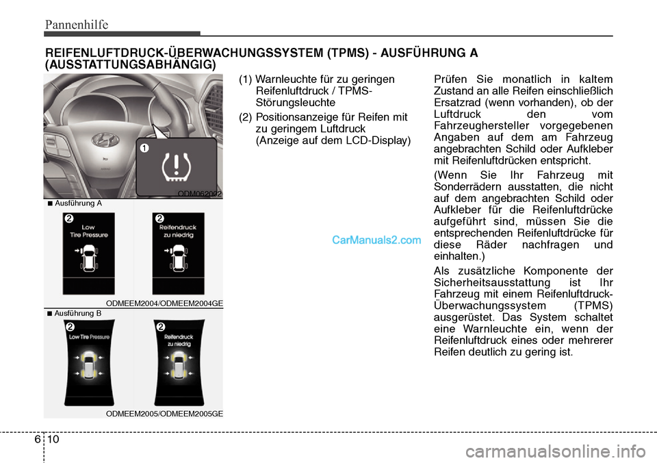 Hyundai Grand Santa Fe 2016 Betriebsanleitung (in German) Pannenhilfe
10
6
REIFENLUFTDRUCK-ÜBERWACHUNGSSYSTEM (TPMS) - AUSFÜHRUNG A
(AUSSTATTUNGSABHÄNGIG)
(1) Warnleuchte für zu geringen
Reifenluftdruck / TPMS-
Störungsleuchte
(2) Positionsanzeige für Hyundai Grand Santa Fe 2016 Betriebsanleitung (in German) Pannenhilfe
10
6
REIFENLUFTDRUCK-ÜBERWACHUNGSSYSTEM (TPMS) - AUSFÜHRUNG A
(AUSSTATTUNGSABHÄNGIG)
(1) Warnleuchte für zu geringen
Reifenluftdruck / TPMS-
Störungsleuchte
(2) Positionsanzeige für
